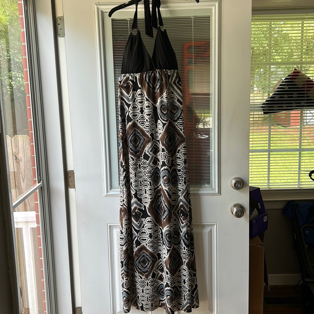 abstract geometric maxi dress with a halter top. Perfect for all occasions.